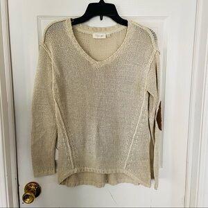 RD STYLE cream V neck knit brown leather elbow patch sweater size XS